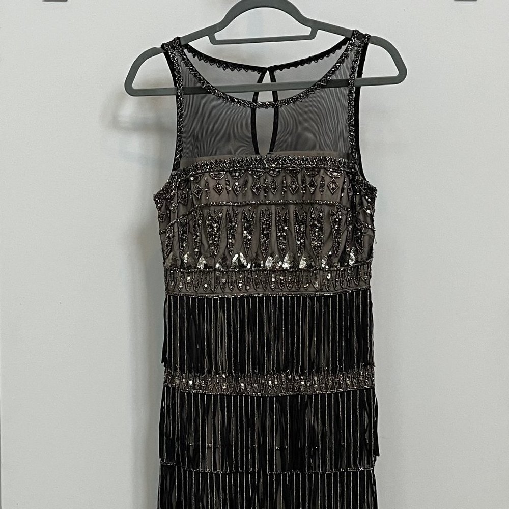 Adrianna Papell Size 8 Black/Silver Beaded, Sequin with Fringe Party Dress